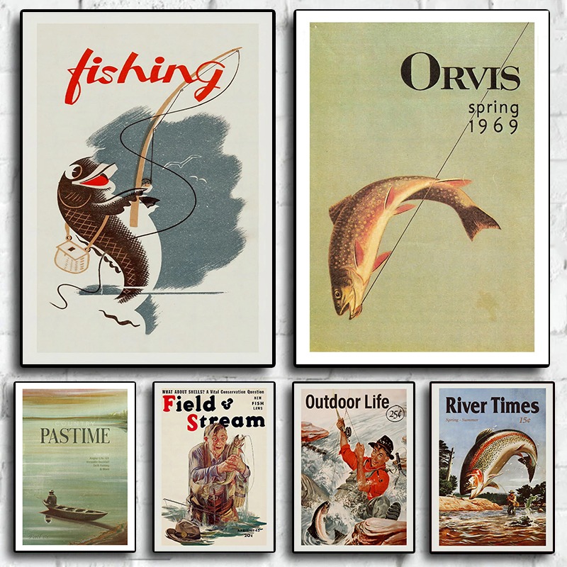 Outdoor Hunting Paintings - Vintage Fly Fishing Canvas Print Retro